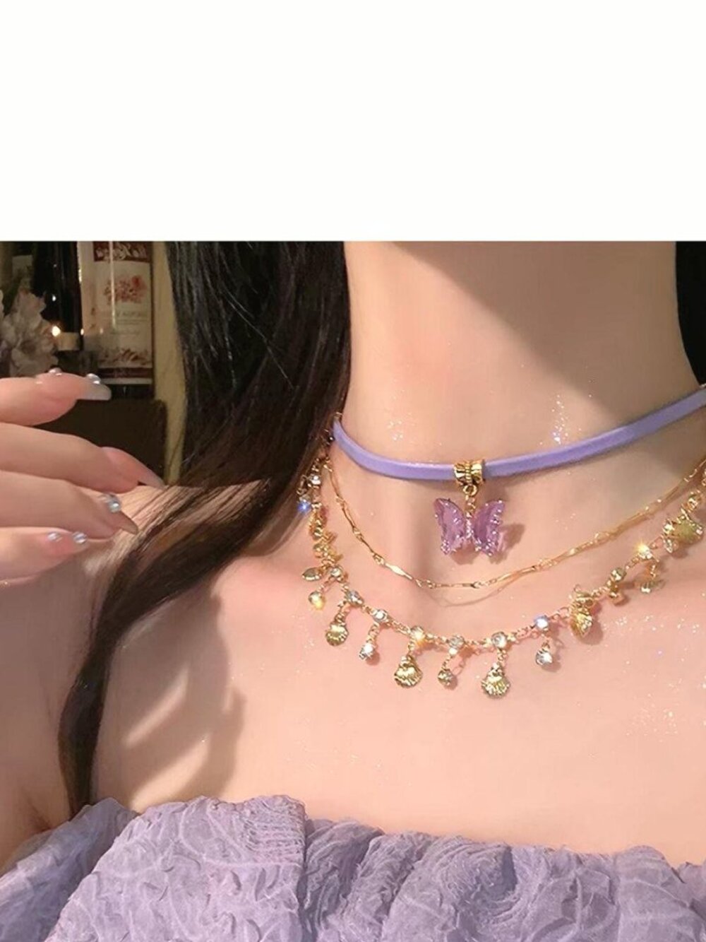 Purple Butterfly and Shell Charm Choker Necklace